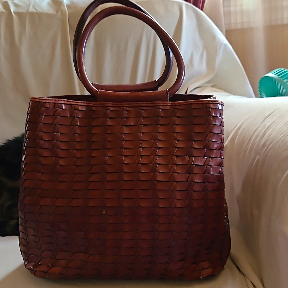 VTG Fossil Y2K Woven Tote Bag Double Handles Gold Hardware Lined Inner Pockets